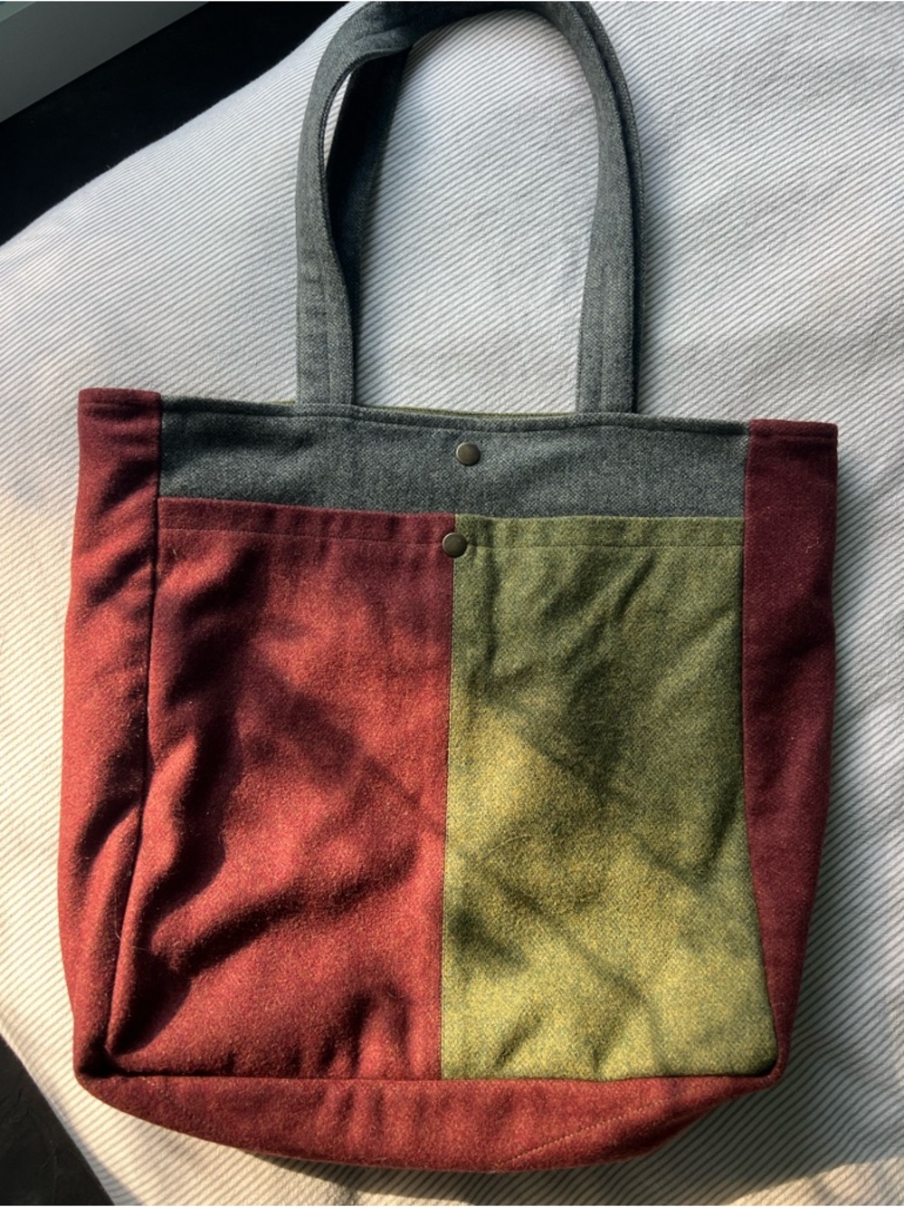 Anian Modern Melton Wool Colorblock Upcycled Tote Bag Burgundy Olive Gray